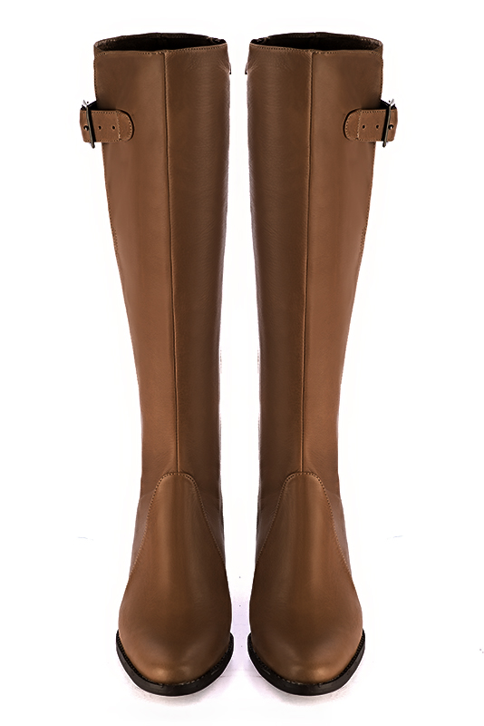 Caramel brown women's knee-high boots with buckles. Round toe. Low leather soles. Made to measure. Top view - Florence KOOIJMAN